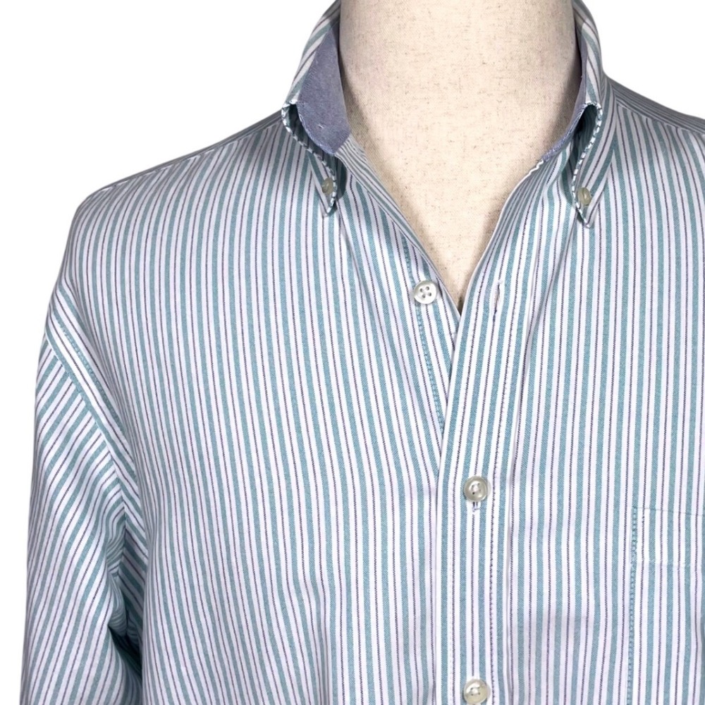 Chaps Men Classic Fit Oxford Shirt Teal White Striped Wrinkle Free 16-16.5 Large